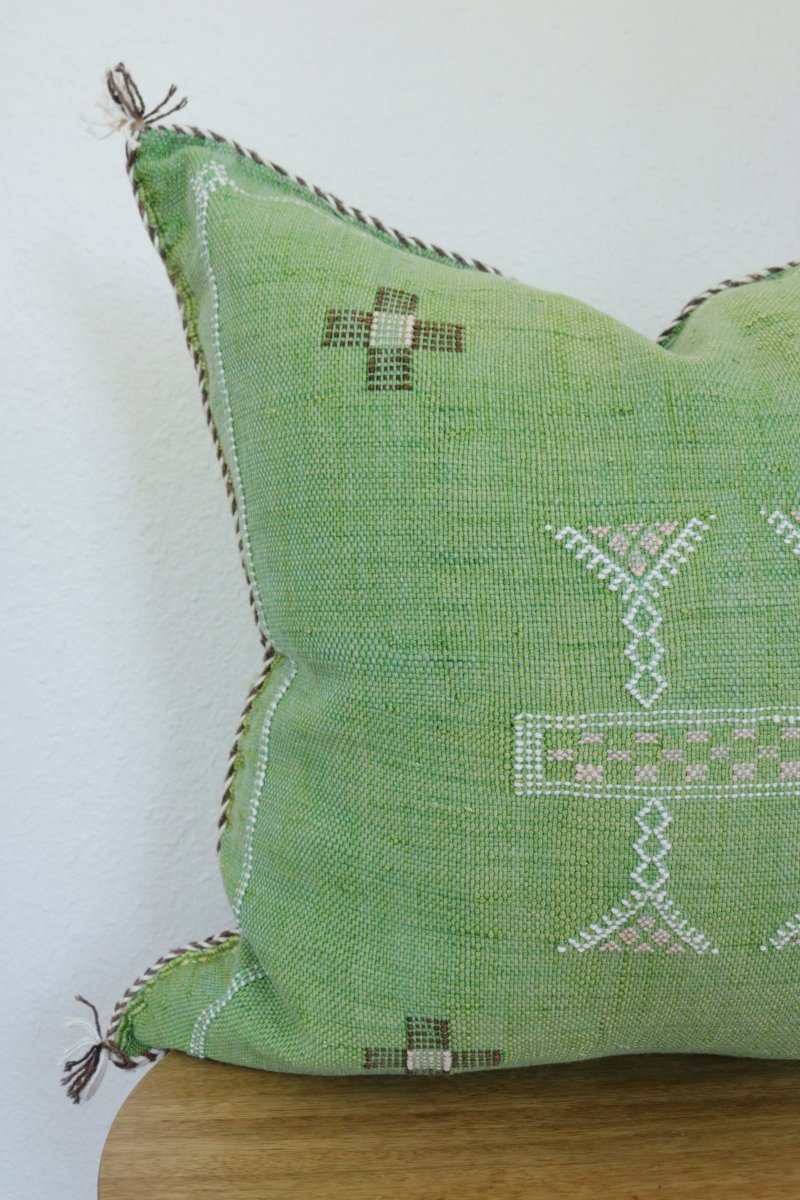 Authentic Green Moroccan pillow cover made by artisans with hand-stitching