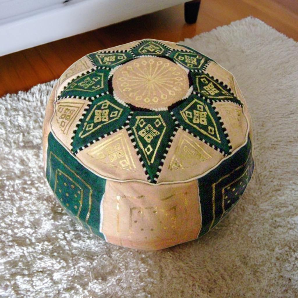 handmade moroccan green leather pouf