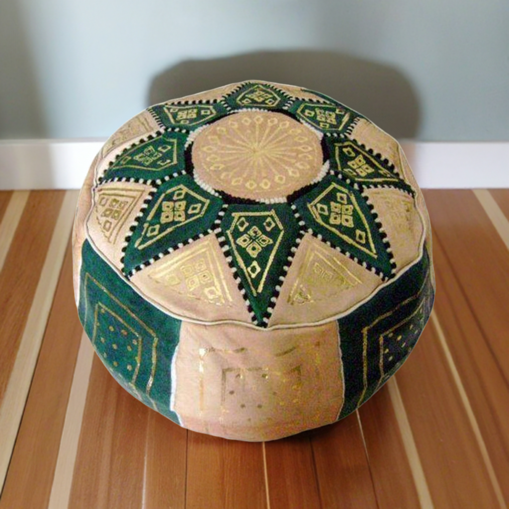 handcrafted moroccan green leather pouf