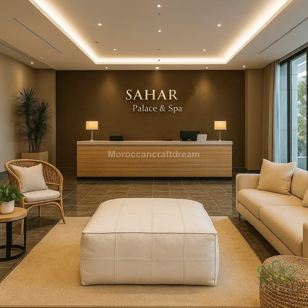 Interior of a spa reception area with 'SAHAR Palace & Spa' sign.
