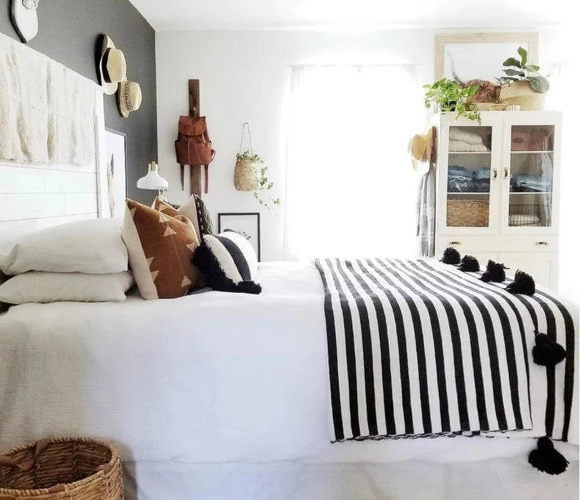 Moroccan Blanket throw Pom Pom, White Black MB1WB2