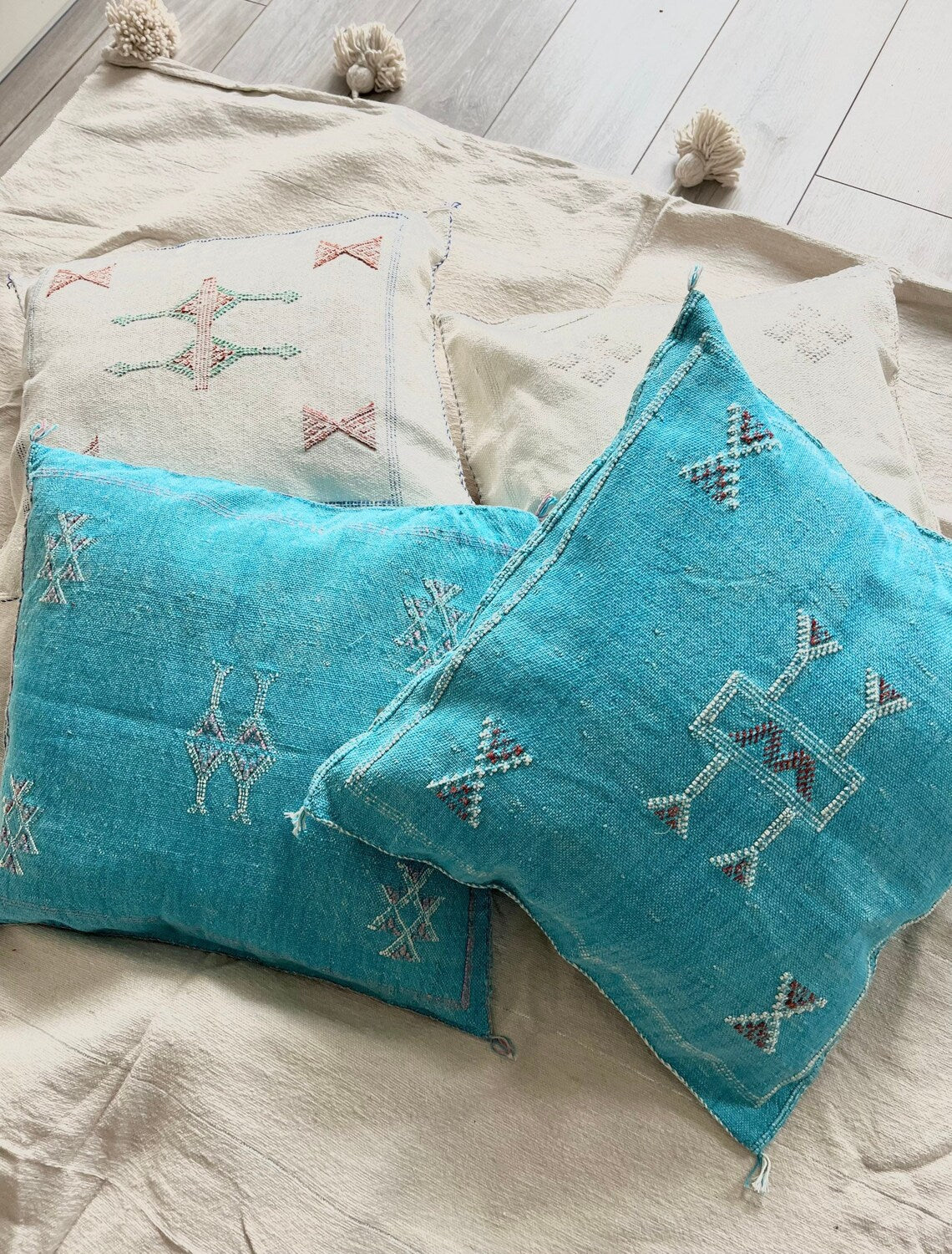Handcrafted Moroccan cactus silk pillow cover with unique patterns blue
