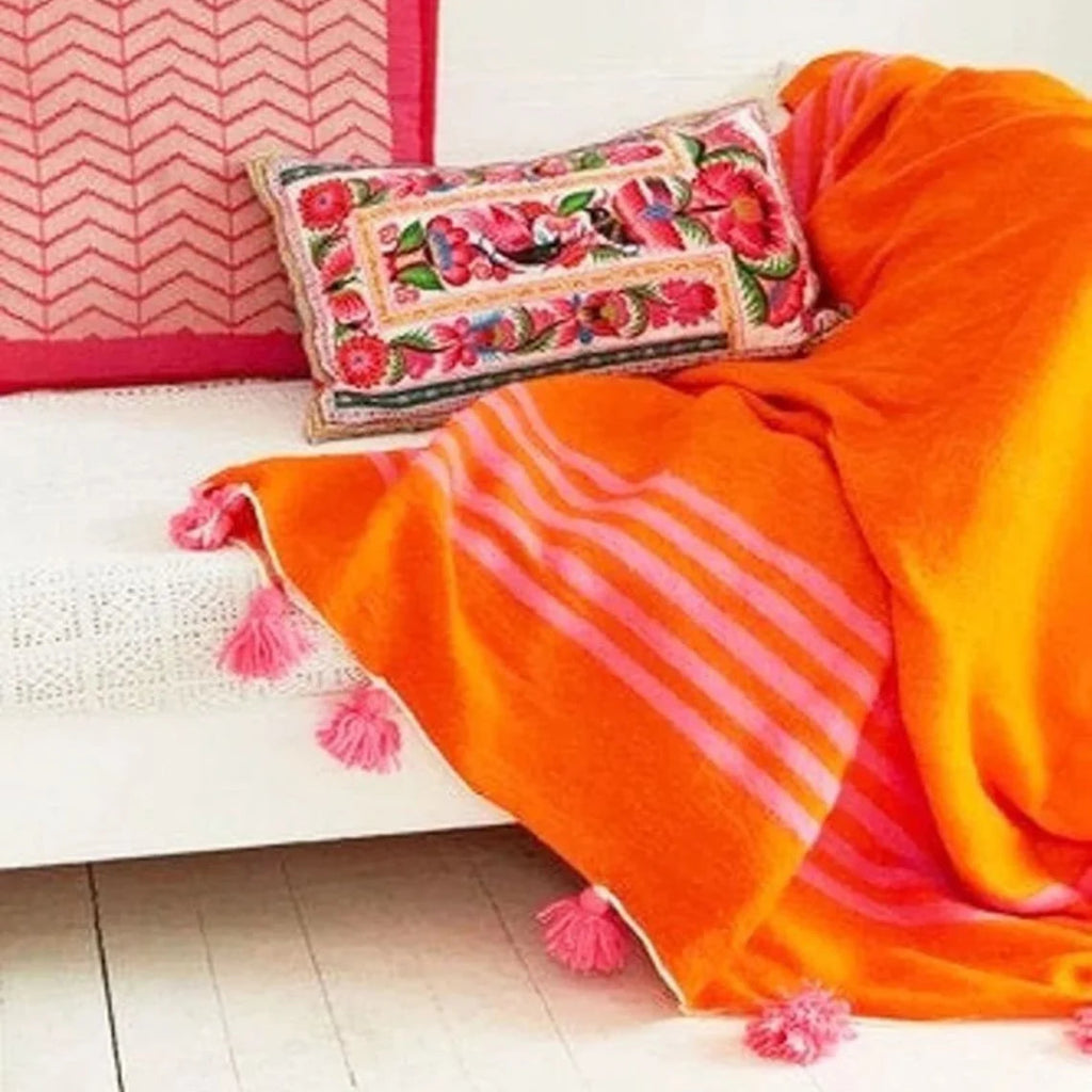 Moroccan Blanket throw Pom Pom,Orange MB1OR3