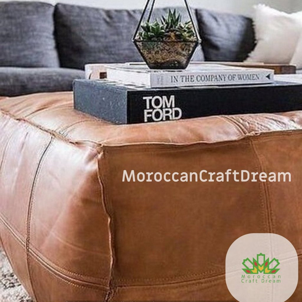 Square and rectangular Moroccan light caramel darky Versatile leather coffee table ottoman, perfect for decor and as a practical centerpiece in living areas.