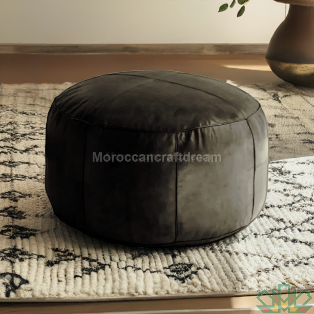 Handmade leather ottoman pouf used as footstool and coffee table black color