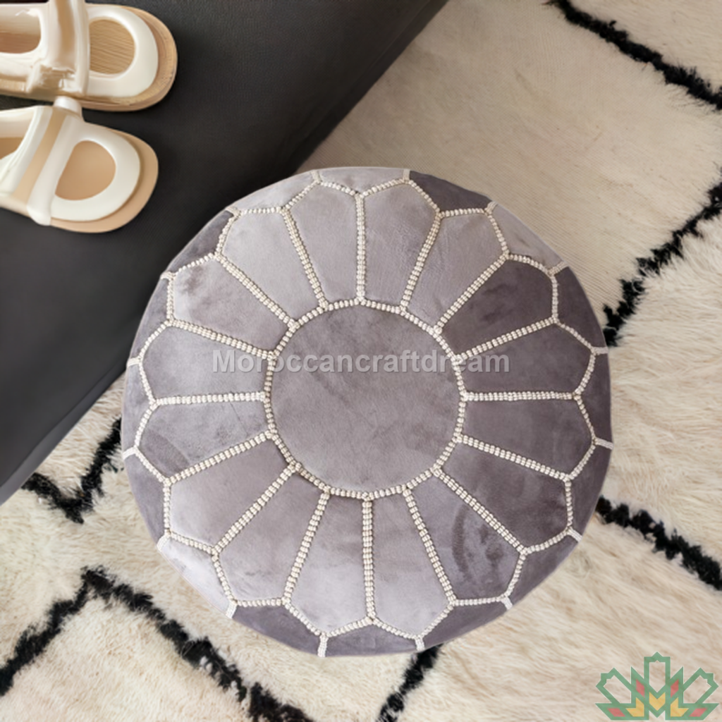 handcrafted grey velvet moroccan pouf ideal for modern and bohemian decor