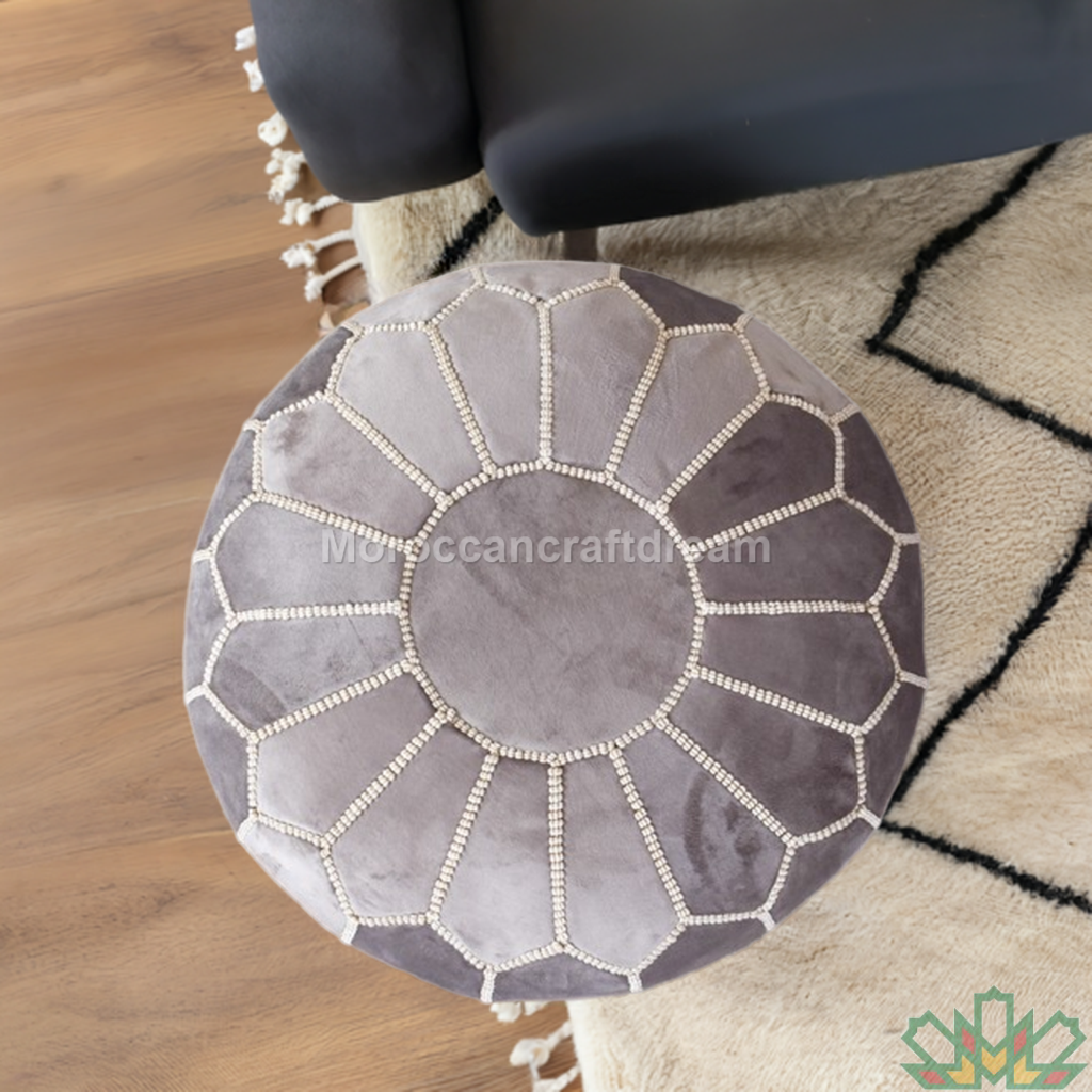 grey handmade velvet moroccan pouf ideal for modern and bohemian decor