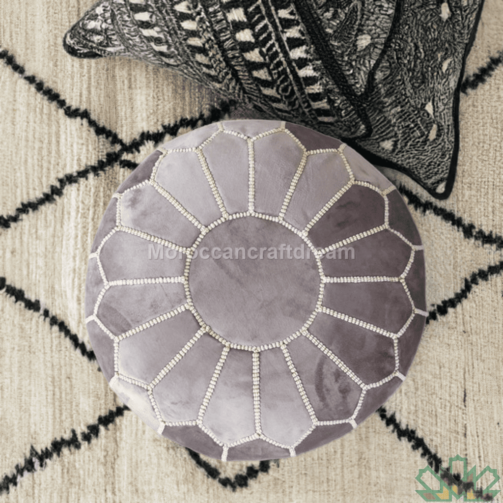 authentic grey handmade velvet moroccan pouf ideal for modern and bohemian decor