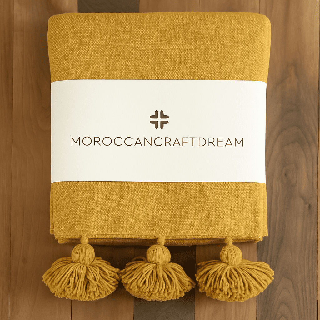 Yellow fabric with tassels and a brand label on a wooden background