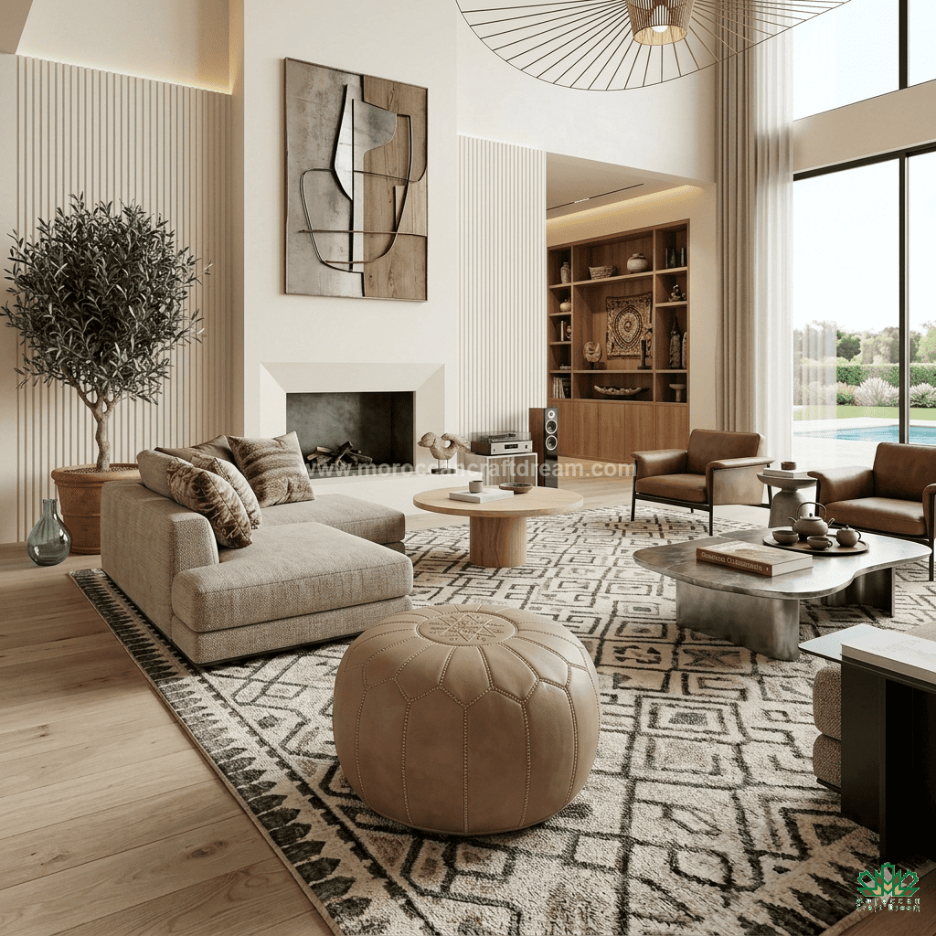 Modern living room with beige sofa, Desert Rose ottoman, and decorative items.