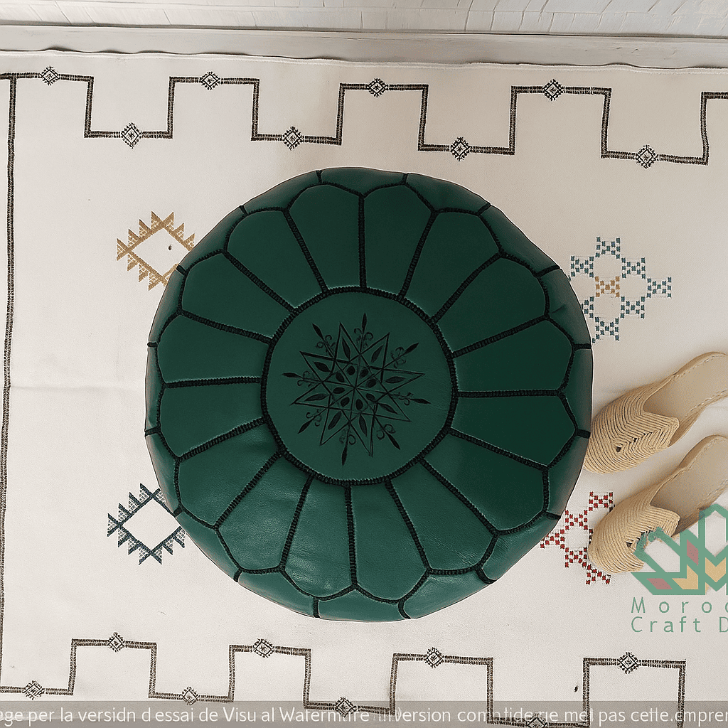 Green leather ottoman on a patterned rug with 'Moroccan Craft' branding.
