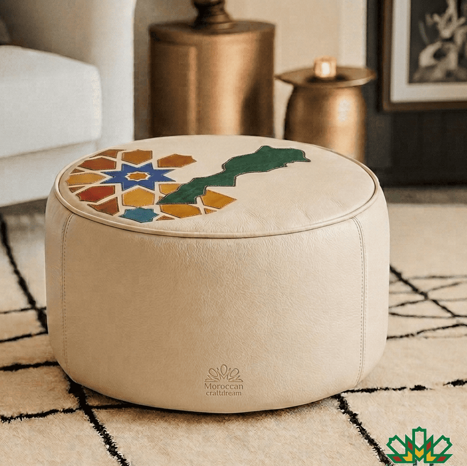 Beige ottoman with moroccan Zellige motif and the map of the Kingdom of Morocco on a rug in a room setting