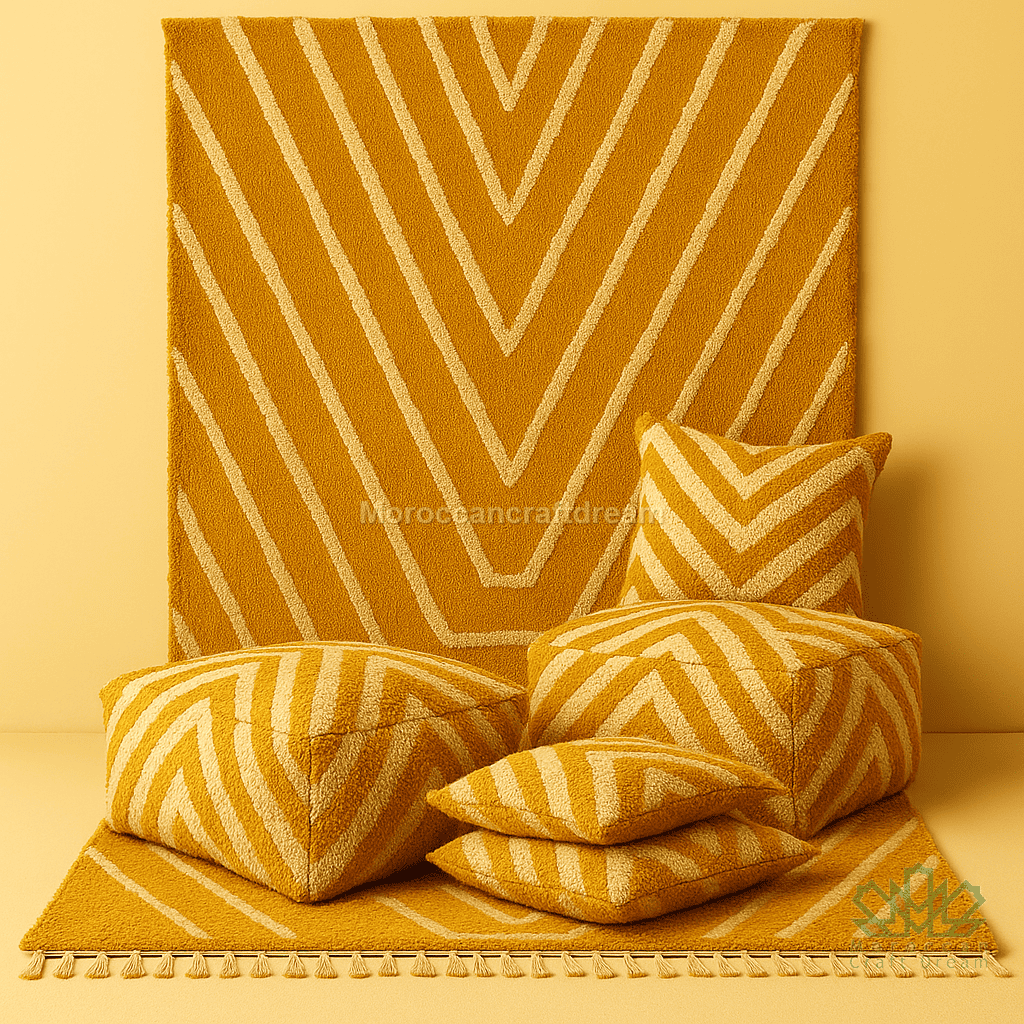 Yellow mustard and white chevron patterned cushions and rug on a yellow background
