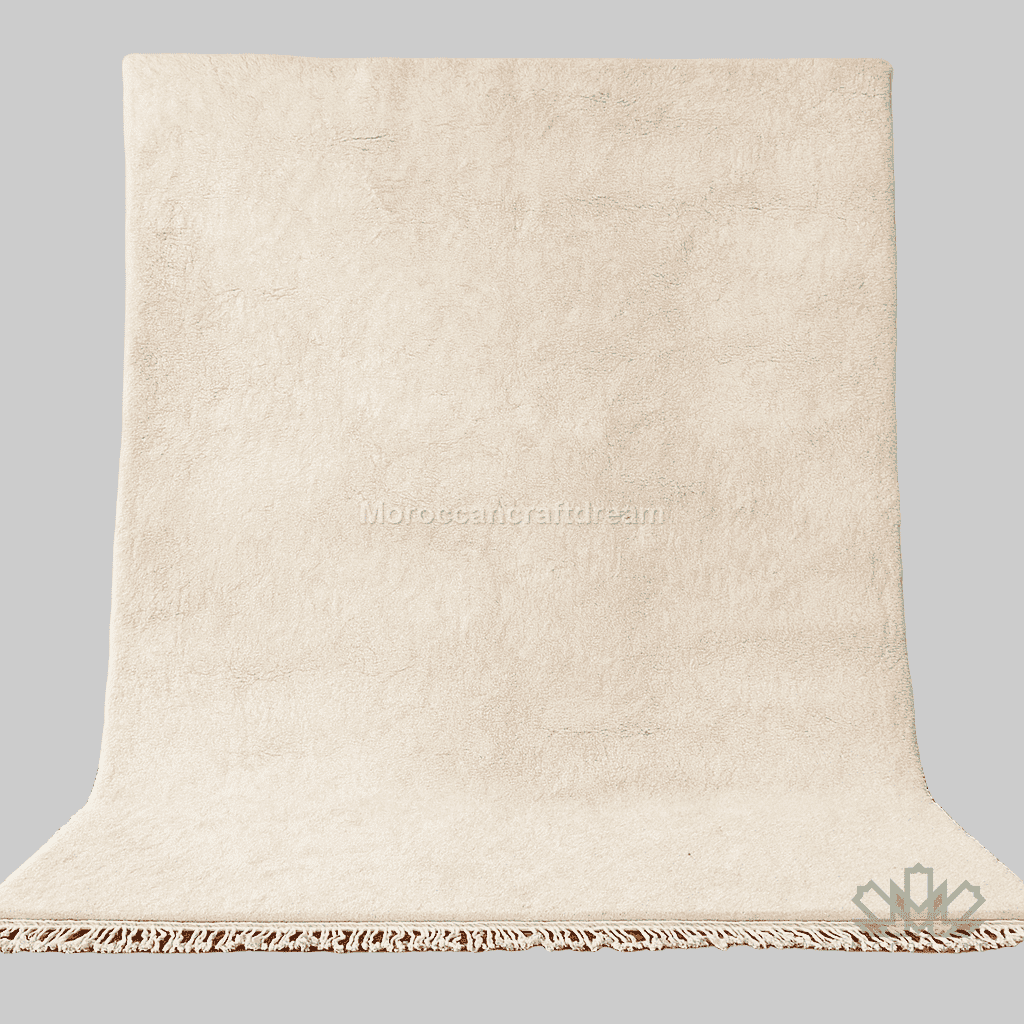 Beige textured rug with tassels on a wooden floor against a white wall.
