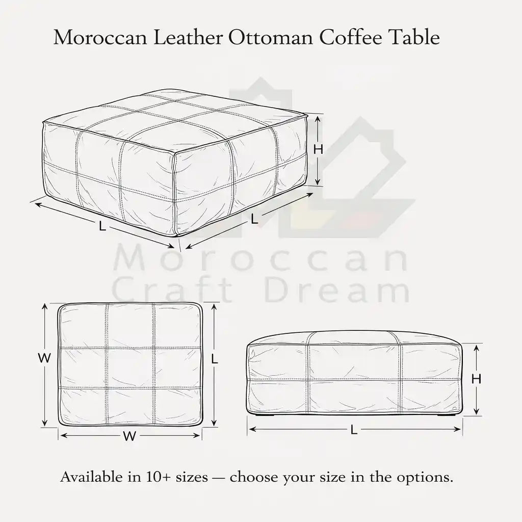 Line drawing of a Moroccan leather ottoman coffee table with dimensions labeled.