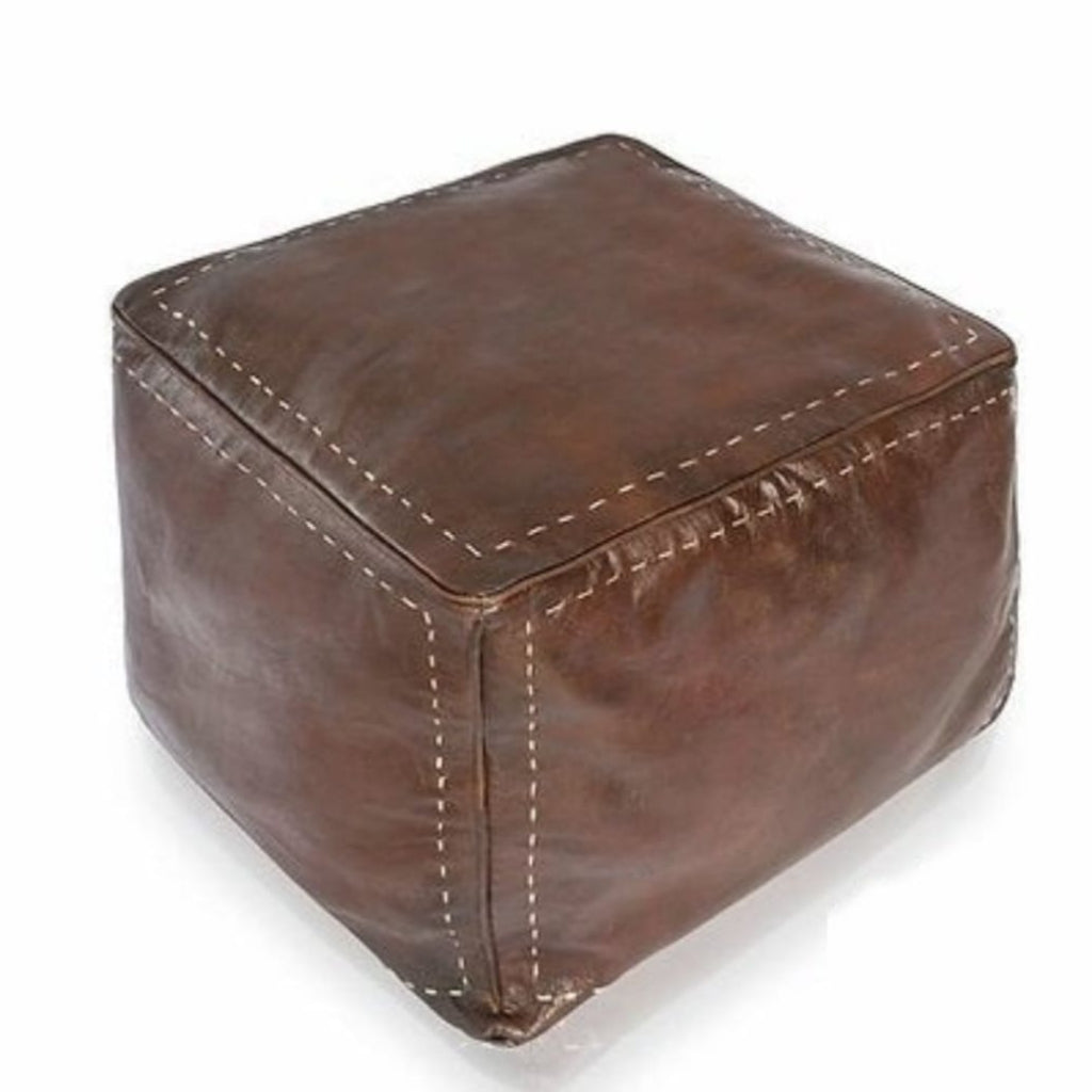 handmade brown chocolate square leather ottoman moroccan pouf footstool