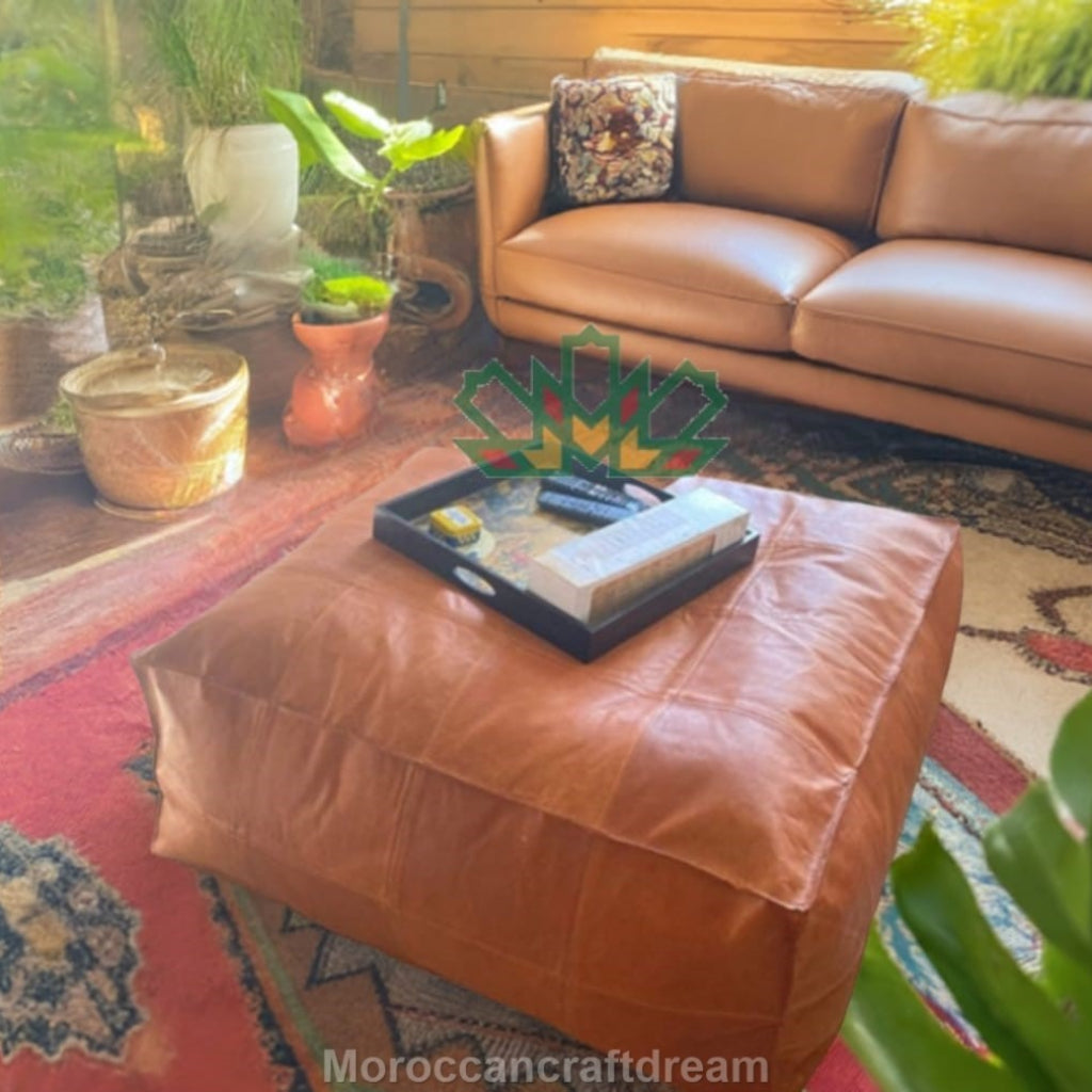 tan large square rectangular leather ottoman coffee table 100% Handmade bohemian decor boho furniture