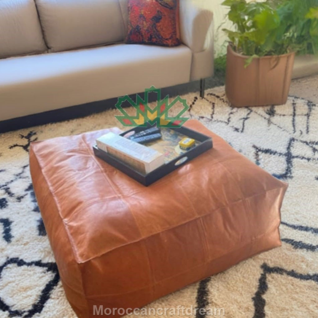tan large square rectangular leather ottoman coffee table 100% Handmade