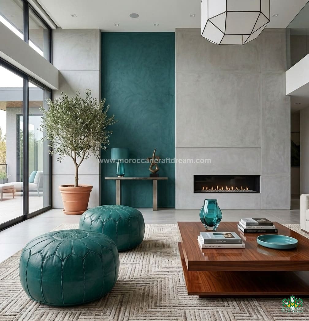 Modern living room with teal leather ottomans, a wooden coffee table, and a fireplace.