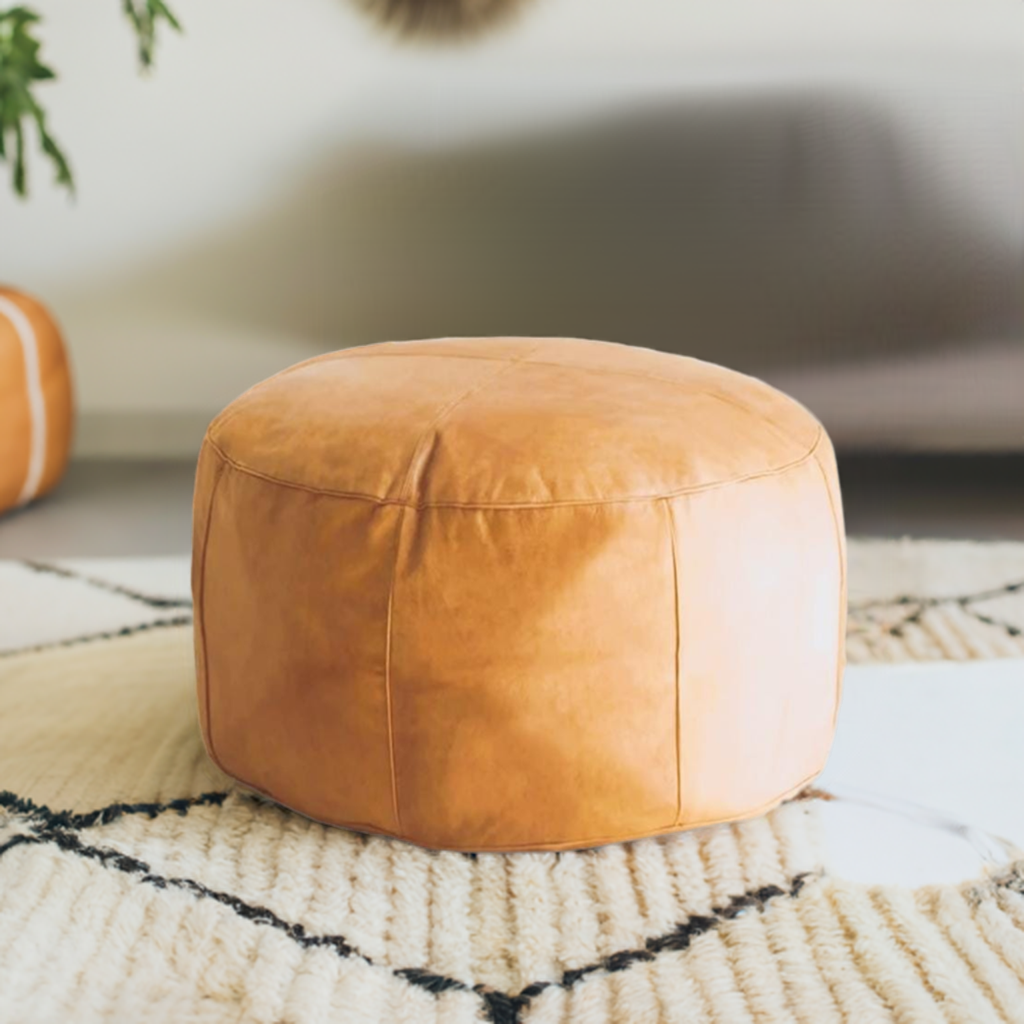 Authentic Light Caramel Tabac Large Round Leather Coffee Table CLP1TB