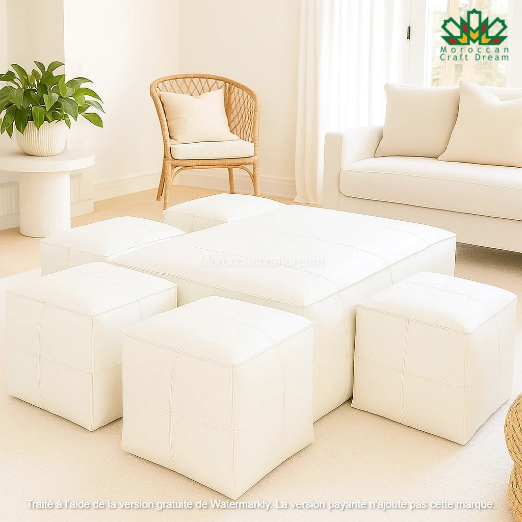 Modern living room with white furniture and a plant, featuring the Moroccan Craft Dream logo.