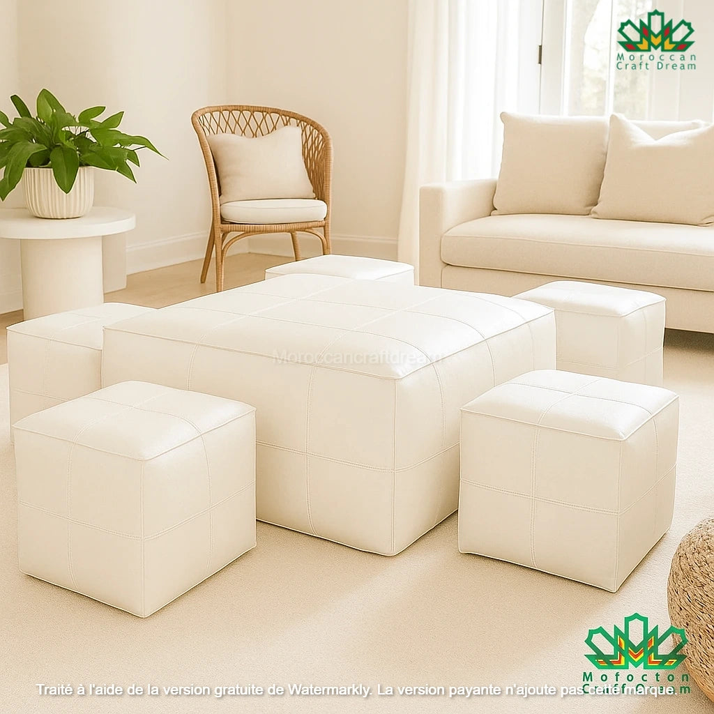 modern white leather ottoman coffee table in a living room