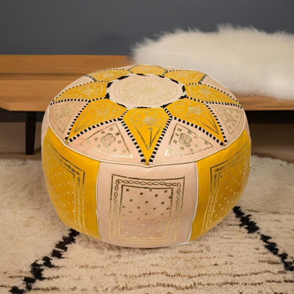 handcrafted moroccan yellow leather pouf