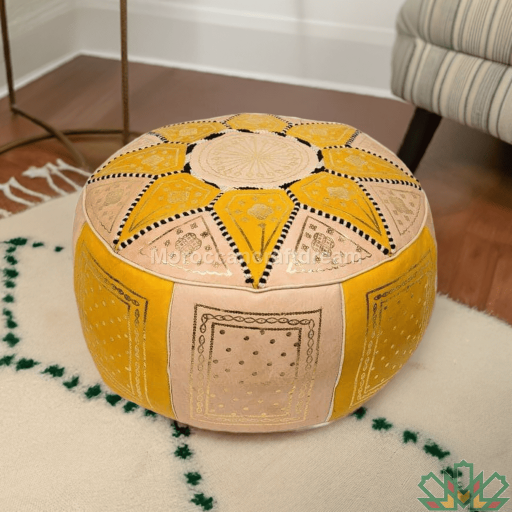 handcrafted moroccan yellow leather pouf