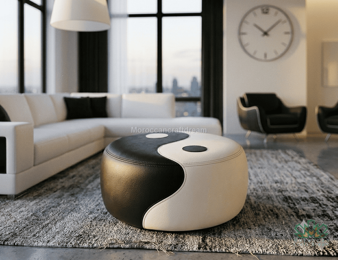 A modern round ottoman with a black and white yin-yang design, styled in a contemporary living room setting on a gray rug.