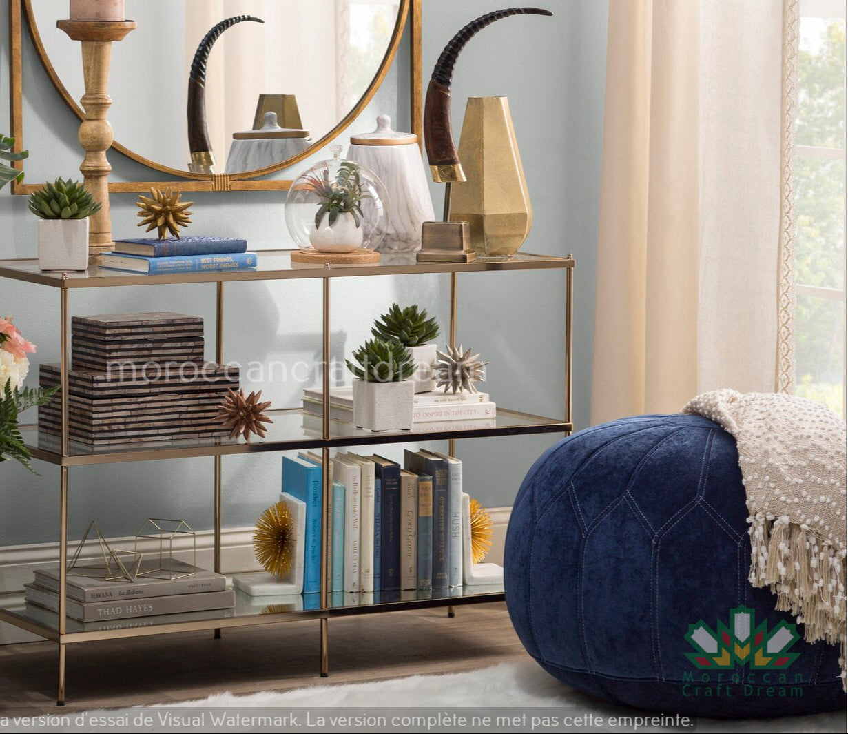 Moroccan poufs and ottomans footstool used as a coffee table, handcrafted in wool and velvet with traditional stitching and durable design