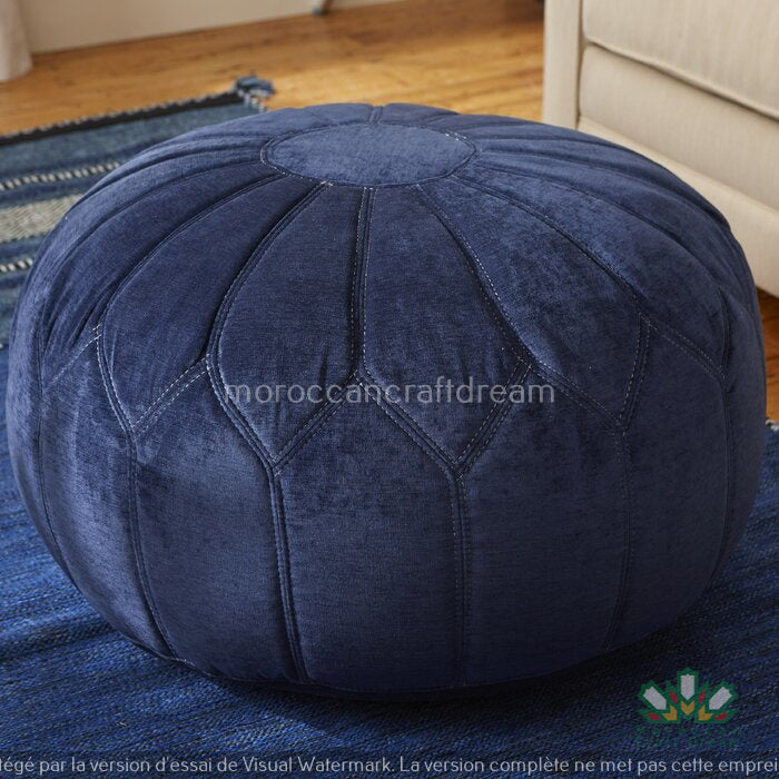 Moroccan poufs and ottomans footstool used as a coffee table, handcrafted in wool and velvet with traditional stitching and durable design
