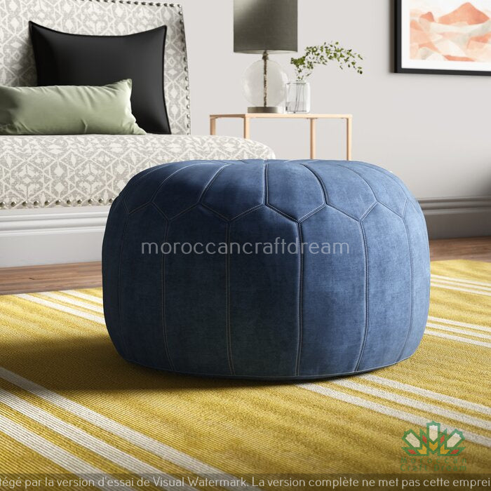 Moroccan poufs and ottomans footstool used as a coffee table, handcrafted in wool and velvet with traditional stitching and durable design