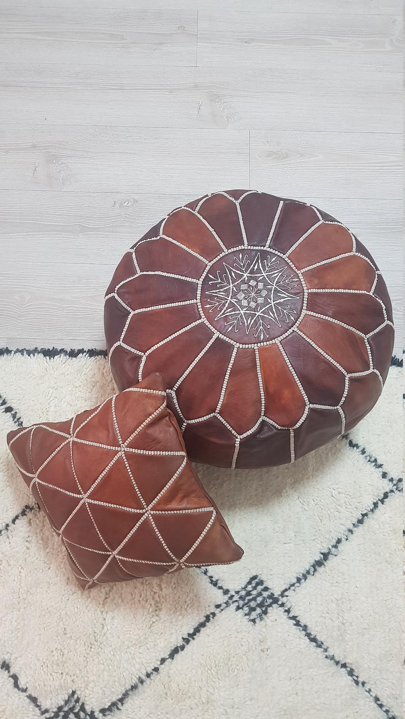 Leather Square Luxury Embroidered Pillow Brown EP1BR3