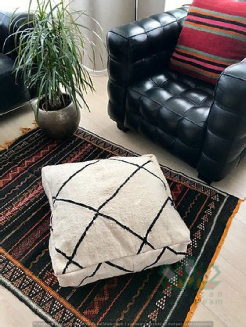 Kilim Moroccan poufs and ottomans made from rug and wool material, featuring vibrant patterns and traditional craftsmanship for stylish decor.