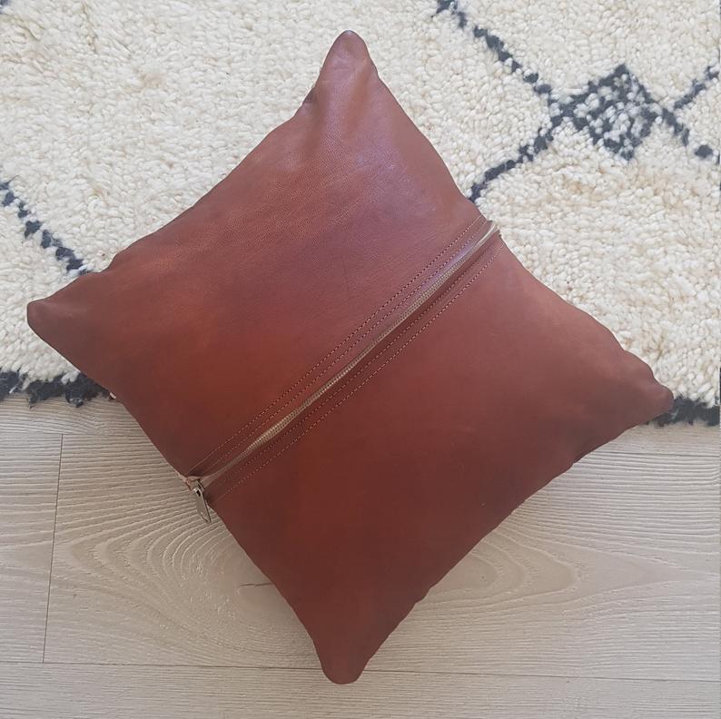 Leather Square Luxury Embroidered Pillow Brown EP1BR4