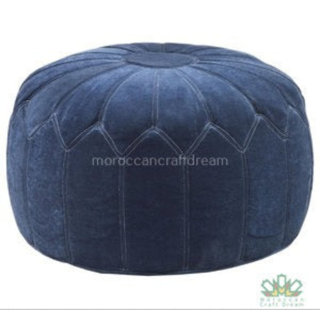 Moroccan poufs and ottomans footstool used as a coffee table, handcrafted in wool and velvet with traditional stitching and durable design