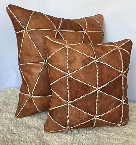 Leather Square Luxury Embroidered Pillow Light Brown EP2BR3
