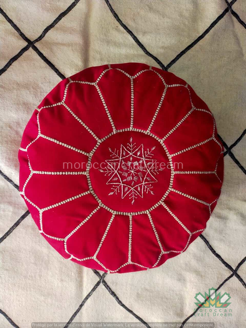 Moroccan poufs and ottomans footstool used as a coffee table, handcrafted in wool and velvet with traditional stitching and durable design