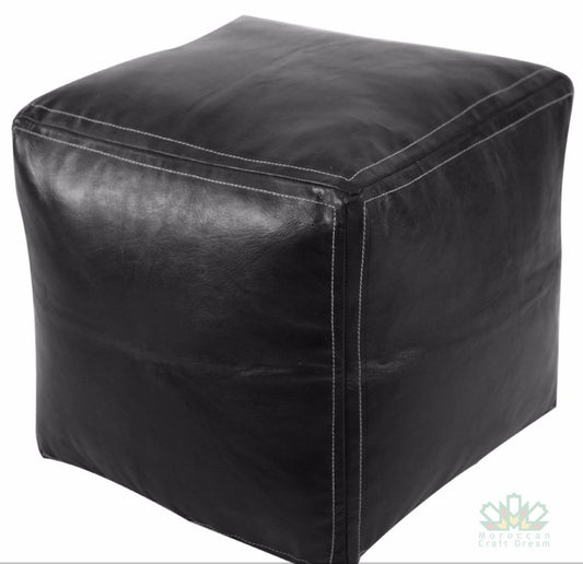 Luxury Leather Square Ottoman Black SP2BL (With Stitching)