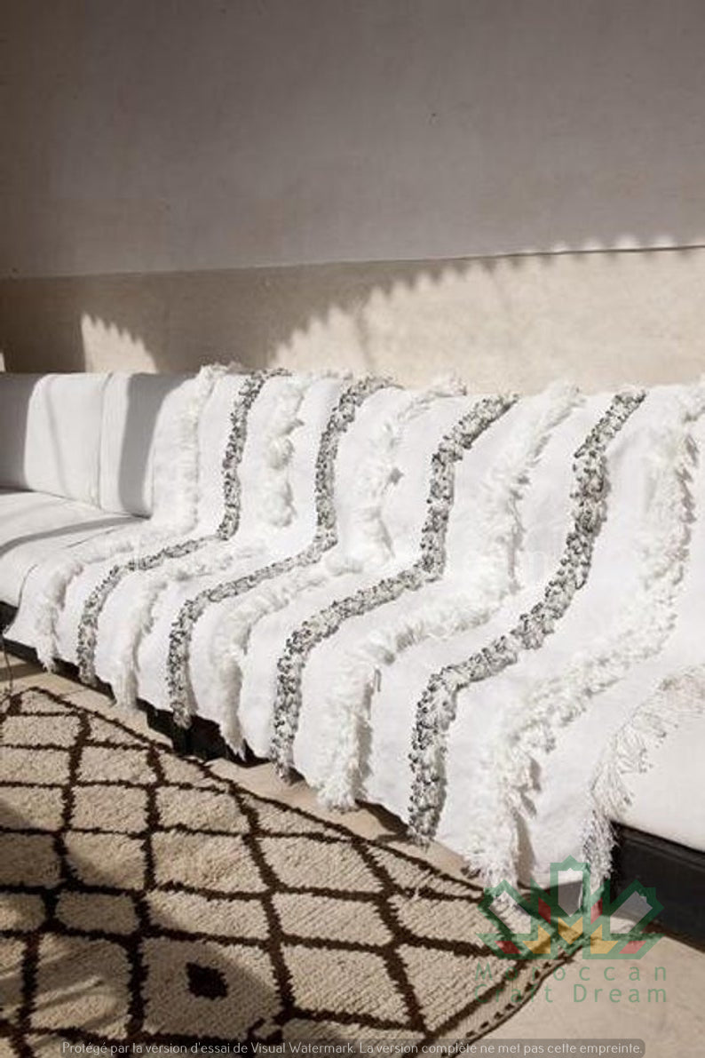 Handmade Moroccan Wedding Blanket Handira White with Metal Sequins HB1WH