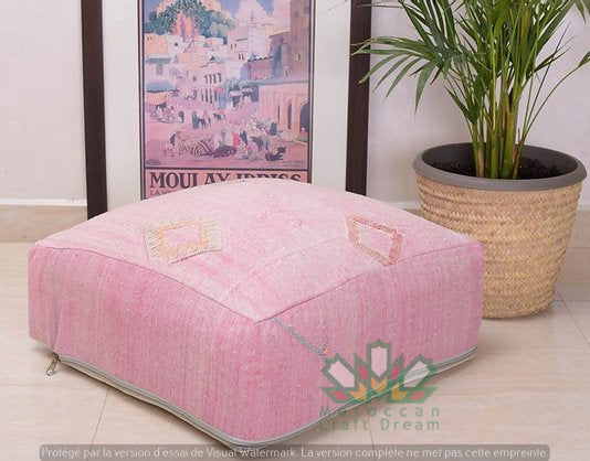 Kilim Moroccan poufs and ottomans made from rug and wool material, featuring vibrant patterns and traditional craftsmanship for stylish decor.