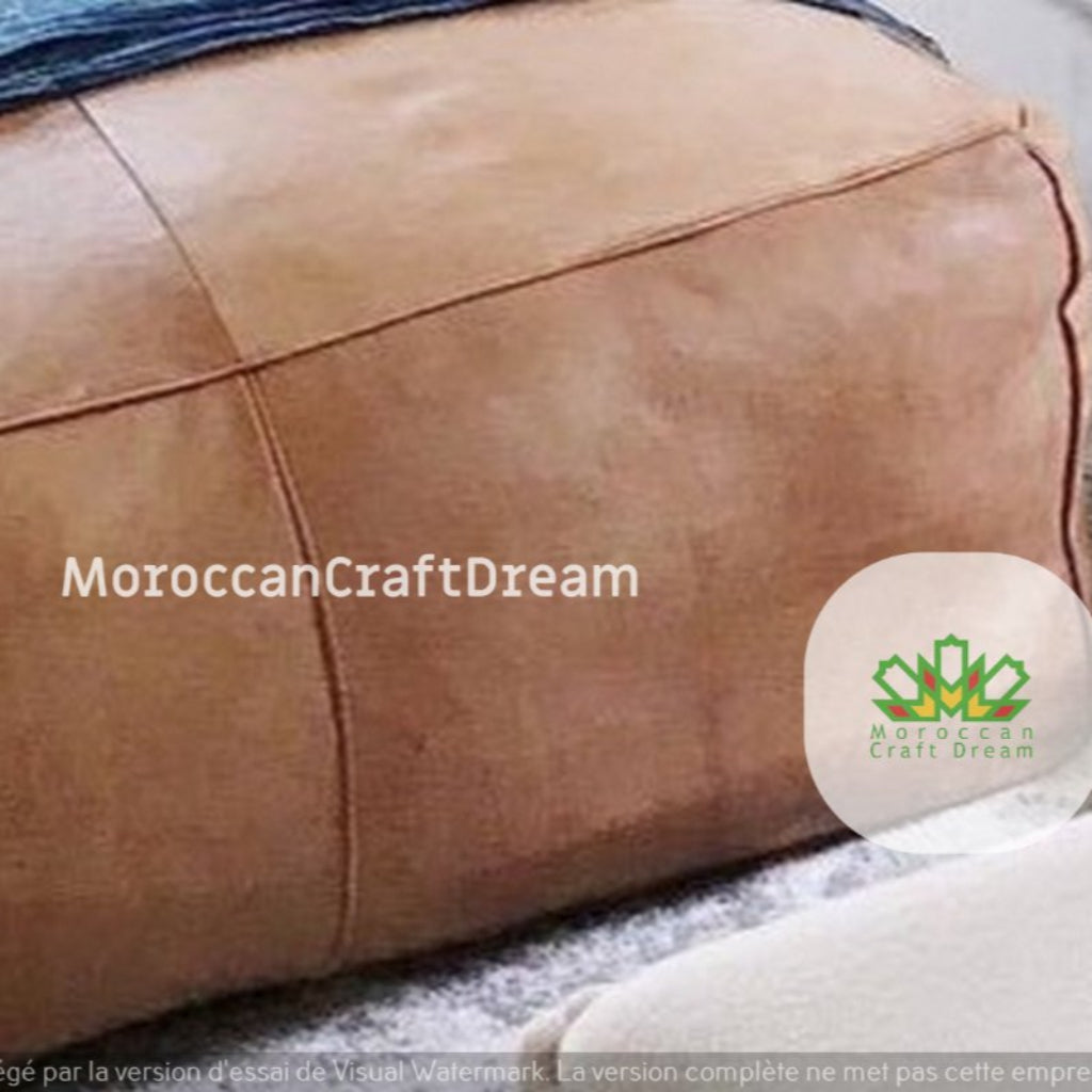 Large light caramel leather ottoman coffee table, perfect for modern living room decor, blending Moroccan pouf ottoman design with functionality. Ideal as an extra large ottoman coffee table, seamlessly fitting into furniture coffee table sets, adding style and practicality to any space.