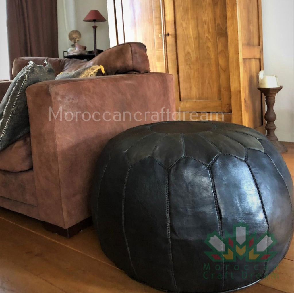Black  Moroccan leather pouf ottoman by Moroccancraftdream, ideal for living room or bedroom decor.