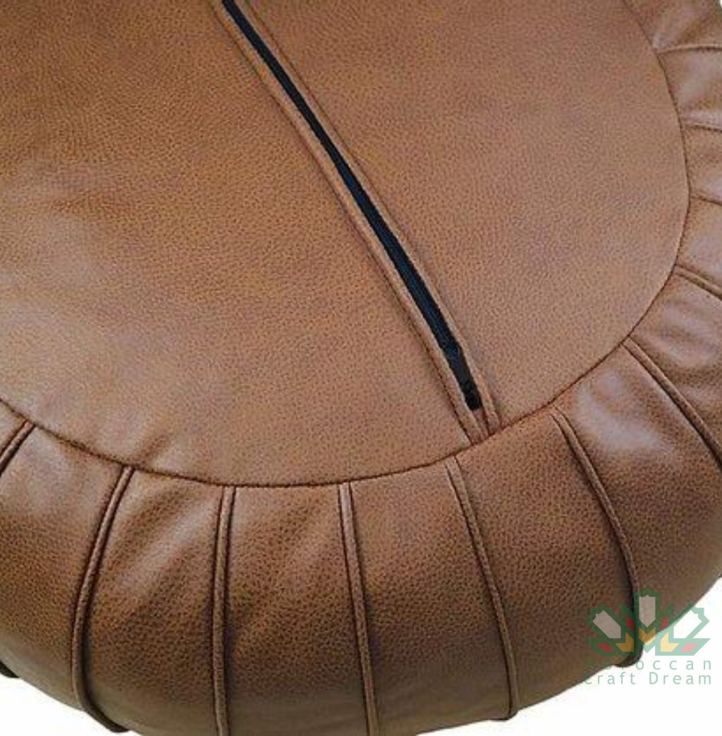 Brown chocolate Luxurious brown leather Moroccan pouf ottoman by Moroccancraftdream, used as a footrest or extra seating option.