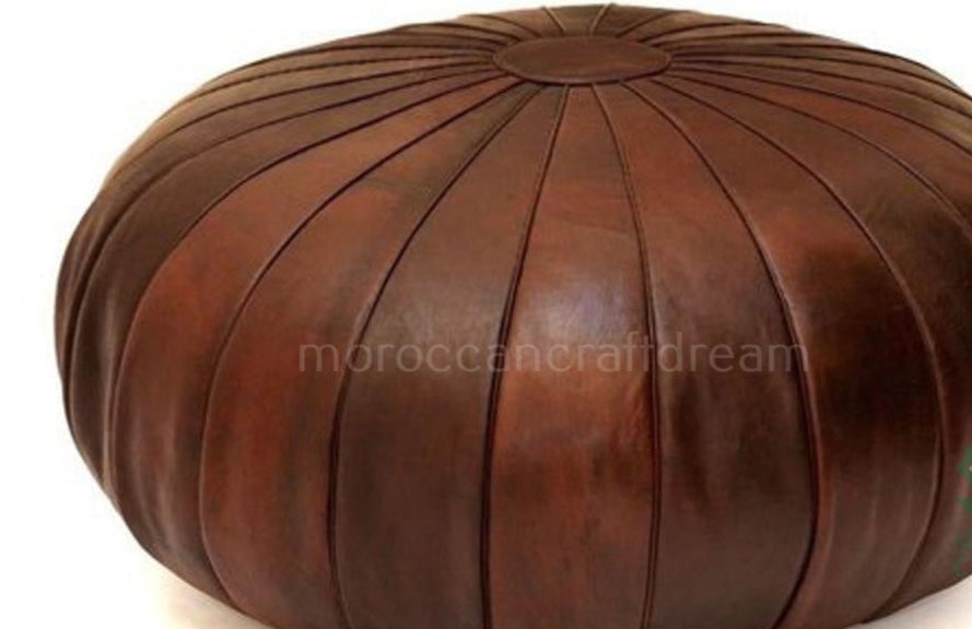 Genuine leather classy brown Moroccan pouf ottoman, handcrafted with traditional techniques for a stylish addition to any space.