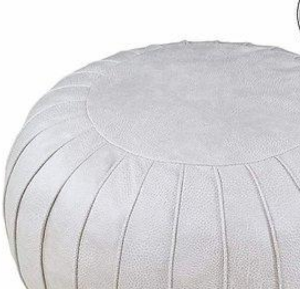 White Handcrafted Moroccan leather pouf for living room decor, blending comfort with authentic Moroccan style