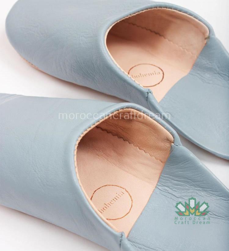 gray color handmade leather slippers, marrakech moroccan craft, bohemian style