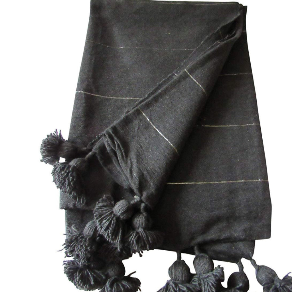 moroccan handmade blanket craft marrakech grey pompoms 2