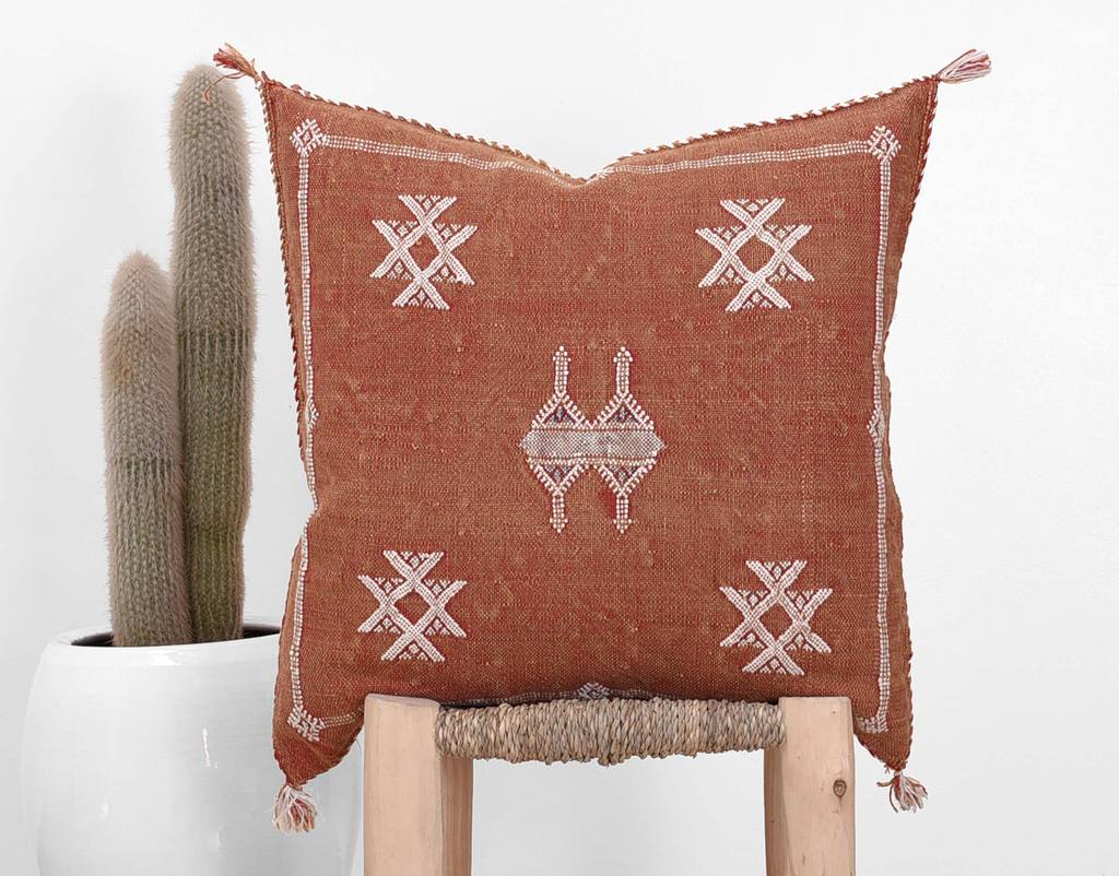Brown Close-up of Moroccan hand-loomed cactus silk pillow with vibrant colors