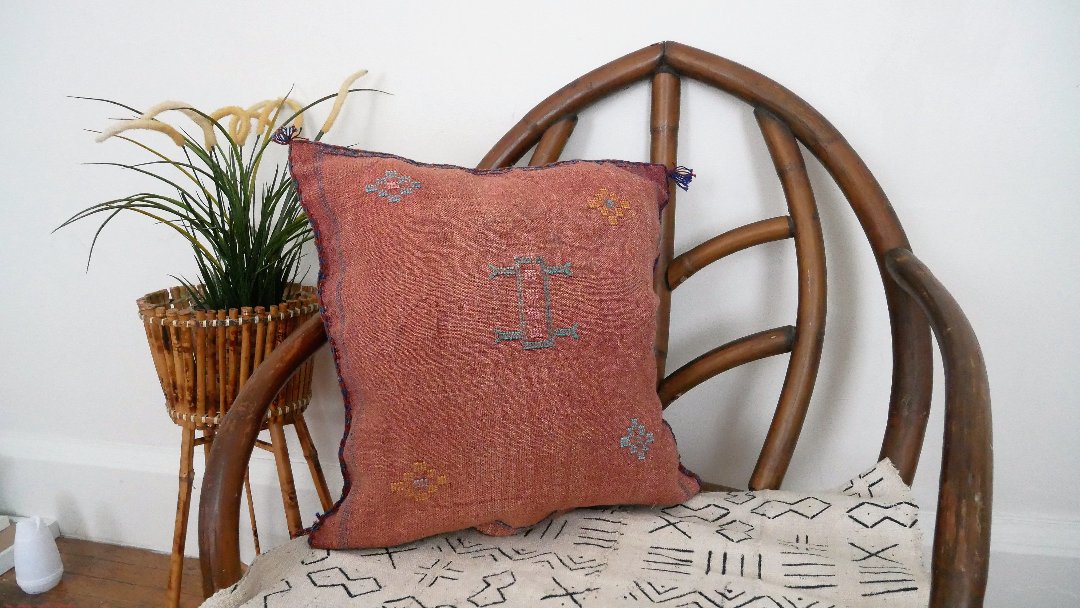 Brown Handcrafted Moroccan cactus silk pillow cover with unique patterns